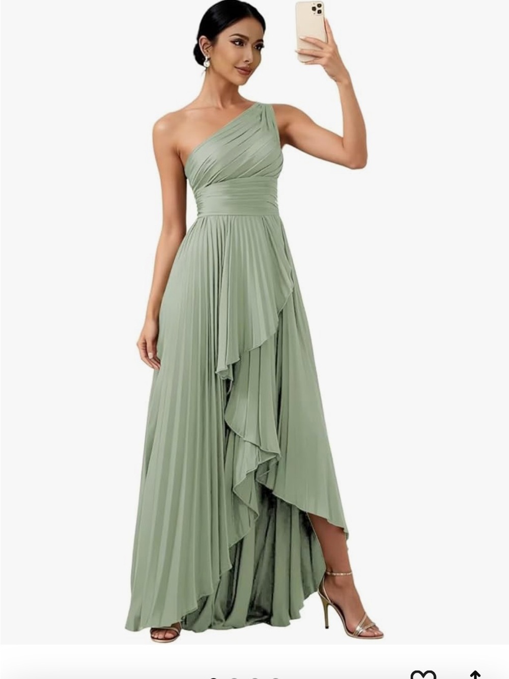 One-Shoulder Sage Green Pleated Maxi Dress